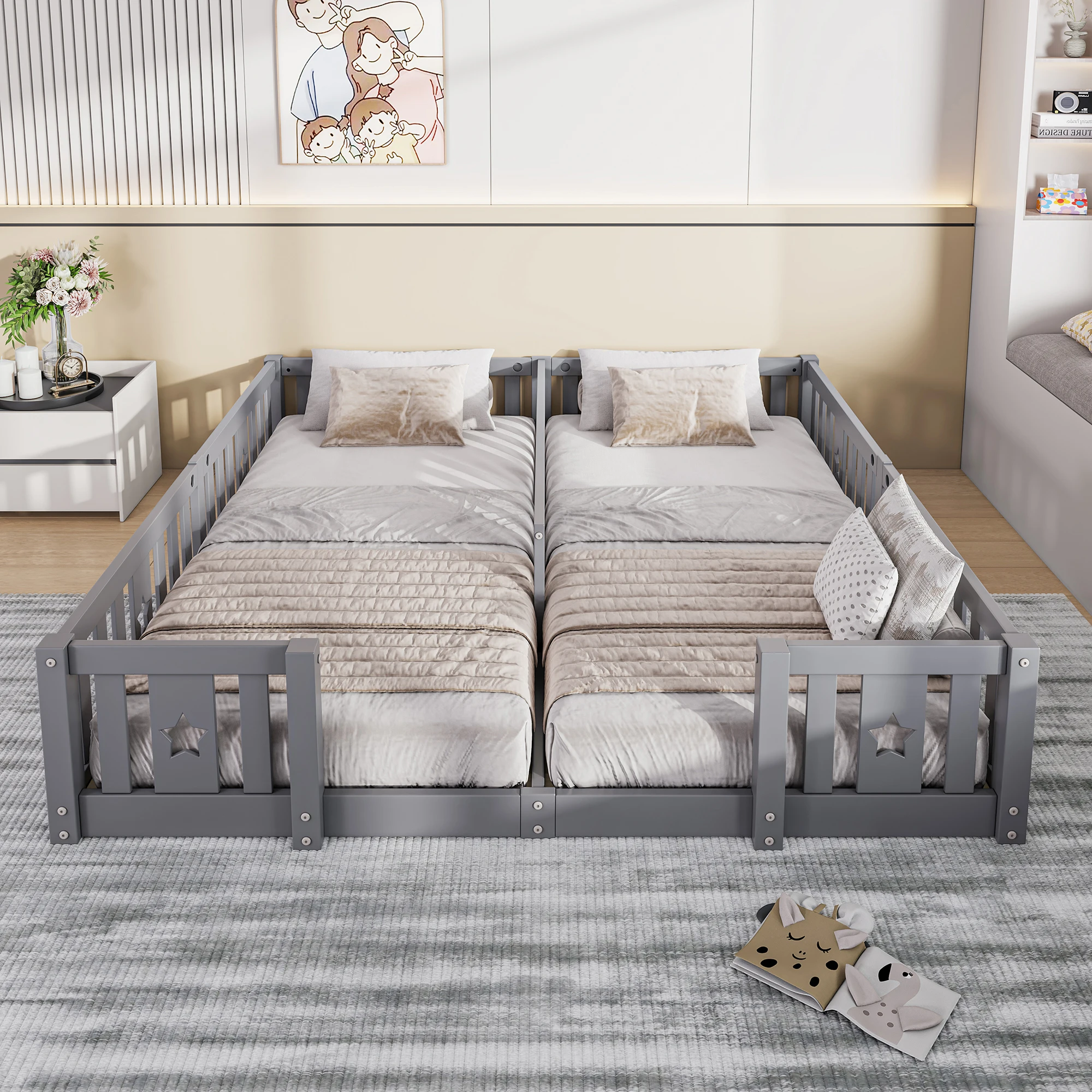 Cadre de lit double Comanlai 90x200cm, lit Montessori double avec barrières de sécurité, lit plateforme bas pour 2 enfants, lit avec découpes en forme d'étoiles, lit pour tout-petits en bois massif avec barrière, idéal pour les chambres partagées, gris/blanc