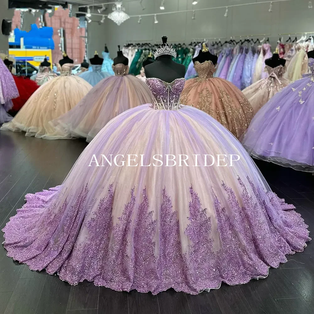 

Angelsbridep Lilac Quinceanera Dresses Ball Gown Lace Applique Formal Birthday Party Vestidos De 15 Años Corset