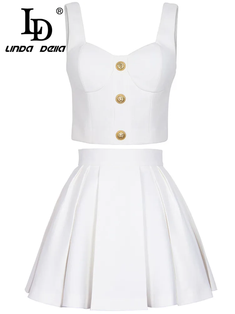 

LD LINDA DELLA Summer Elegant Pretty Skirts Sets Women's White Suspender Single-breasted Top+Splice Skirts 2 Pieces Set