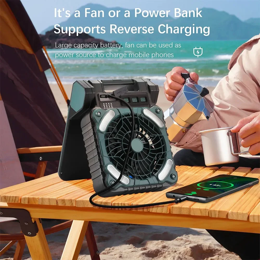 Portátil Camping Solar Powered Fan, bateria recarregável operado Tent ventilador com luz e painel solar, 10400mAh, 9"