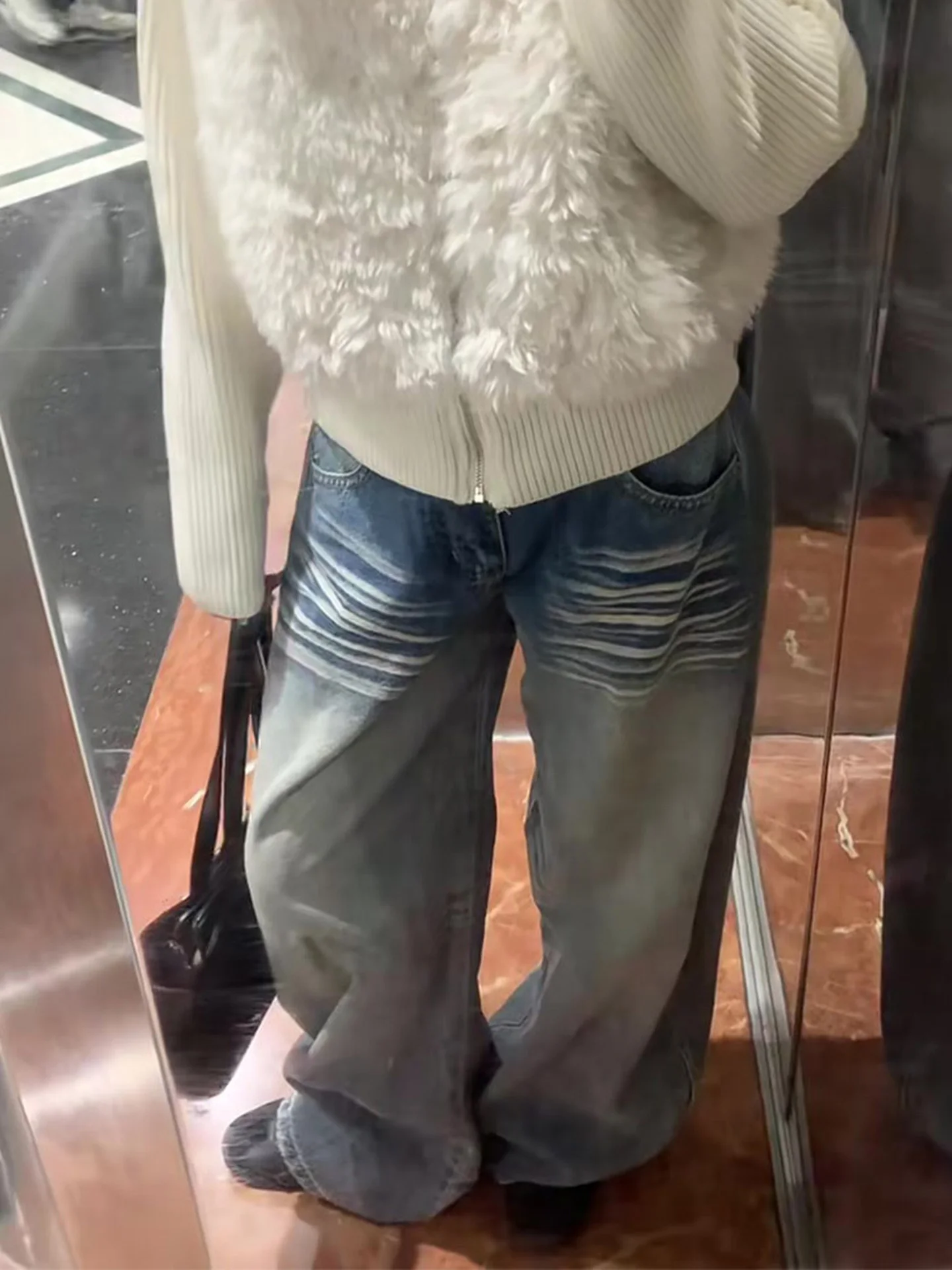 Retro American Sle Women's Wide Leg Jeans Faded Denim High Waist Straight Cut Long Trousers Autumn Winter New Sle Slimmin...