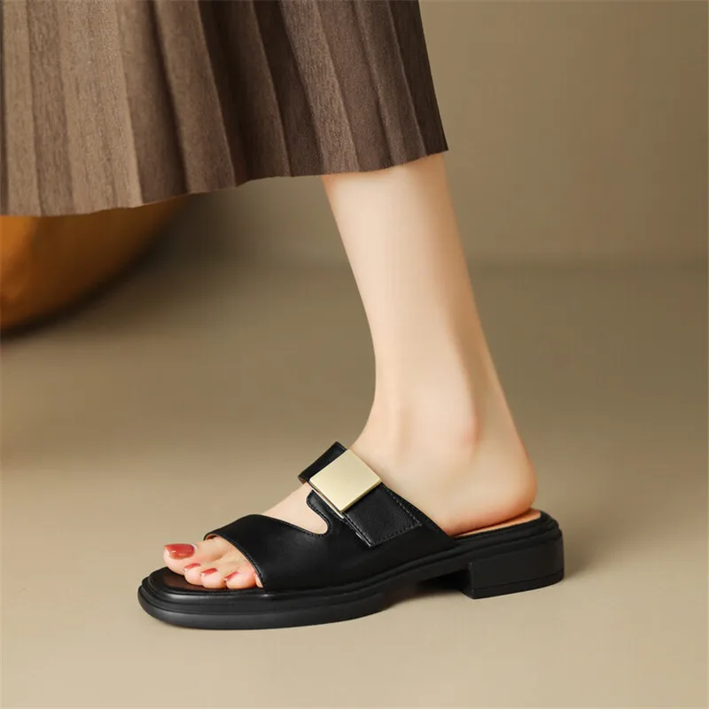 New Split Leather Summer Slippers Women 2024 Square Toe Chunky Heel Sandals Open Toe Shoes for Women Handmade Slippers Women