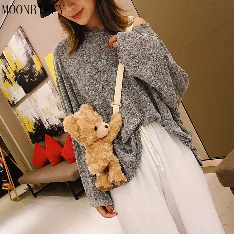 New Girls Crossbody Bag Lovely Cartoon Plush Smile Bear Cute One Shoulder Diagonal Women Bag Plush Doll Bags Animal Handbag Gift