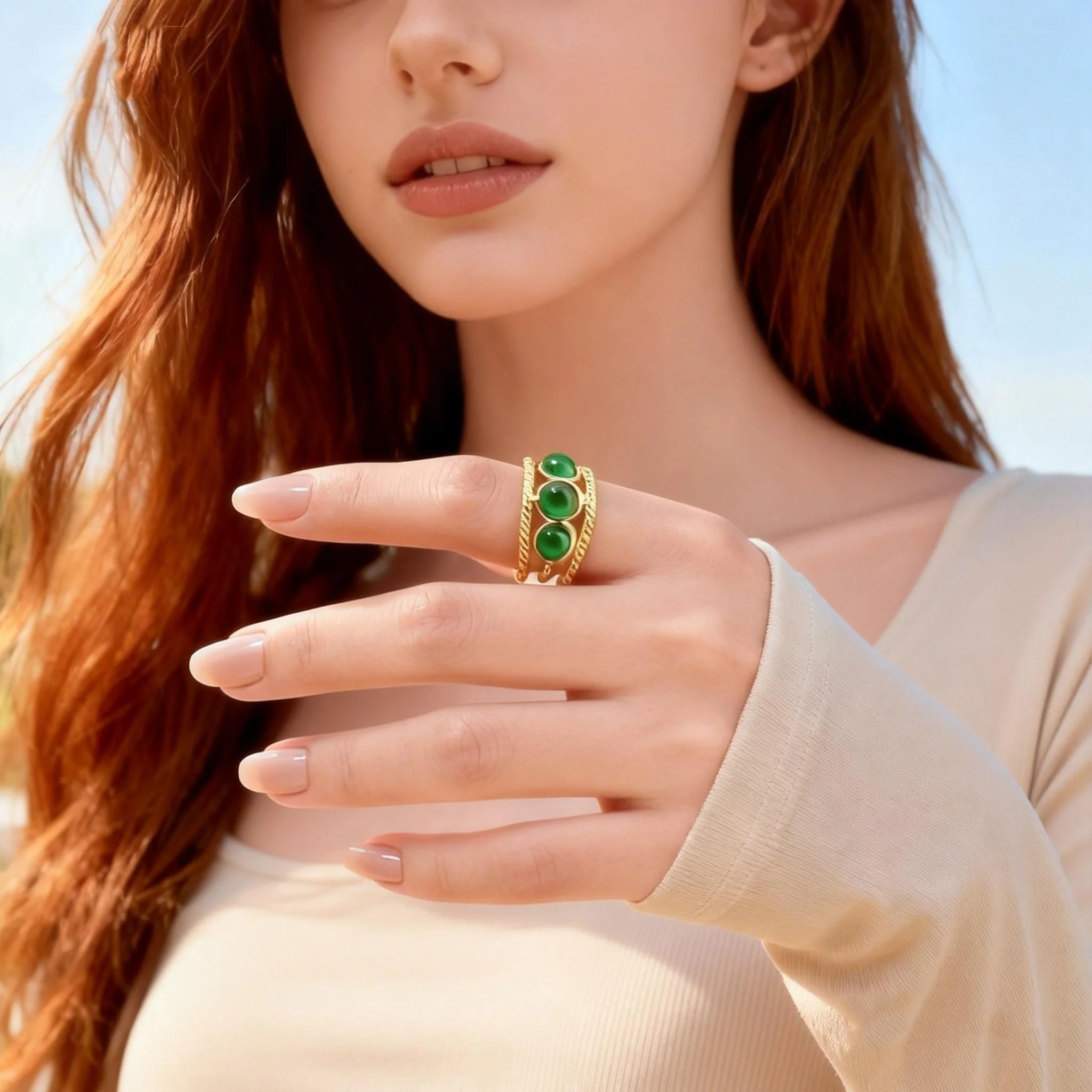 Women's Stainless Steel Finger Jewelry Bohemian Stylish Green Natural Stone Twist Texture Multi-layer Rings for Party Daily Wear