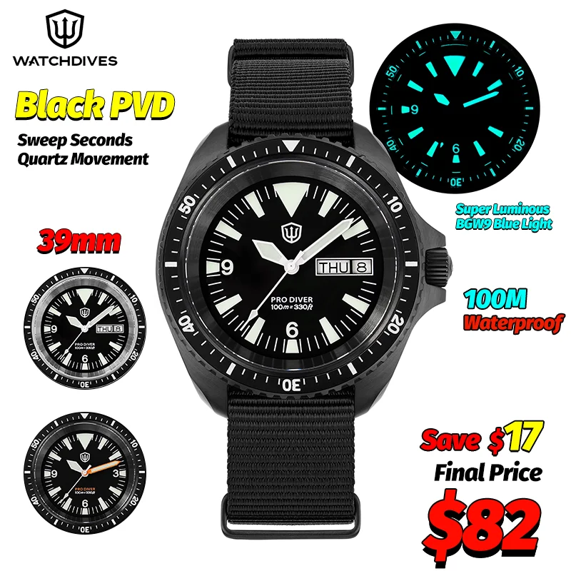 

Watchdives WD1980 V3 Quartz Watch 100m Waterproof BGW9 Luminous Nylon Strap Watch Sapphire VH31 Movement Men Watch with Gift Box