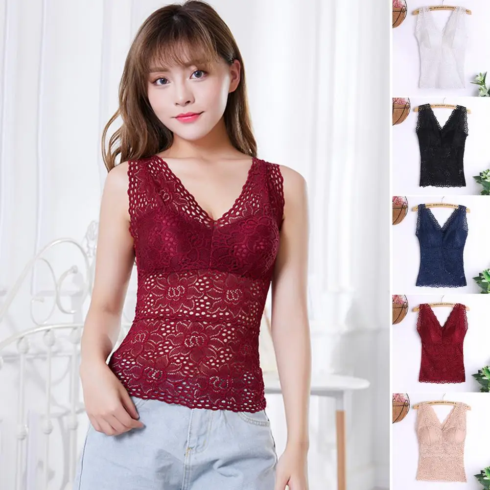 35 % Hot Sales！Tank Top with Pads Perspective Cut Out Lace Brassiere Camisole Top  All-Match Women Bralette Inside Wear