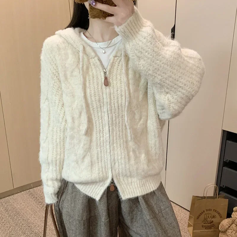 Chic Zipper Up Twist Sweater Cardigans Women Solid Color Loose Hooded Knitted Cardigans Woman Autumn Thick Warm Cardigan Coat