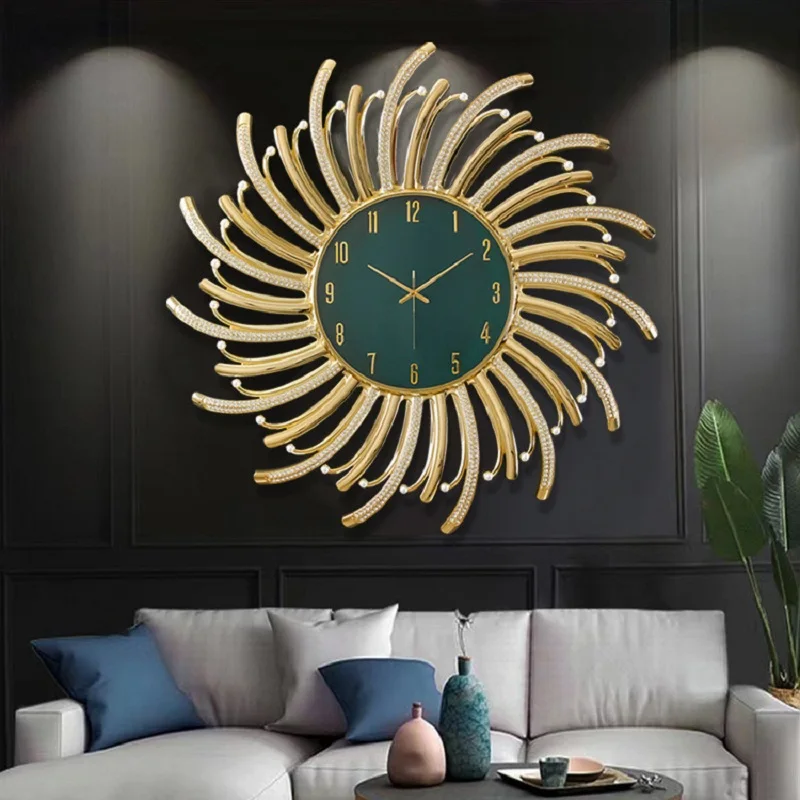 Modern Luxury Metal Inlaid Diamond Electroplating Real Gold Fashion Silent  Clock Home Living Room Office Study Wall Decoration