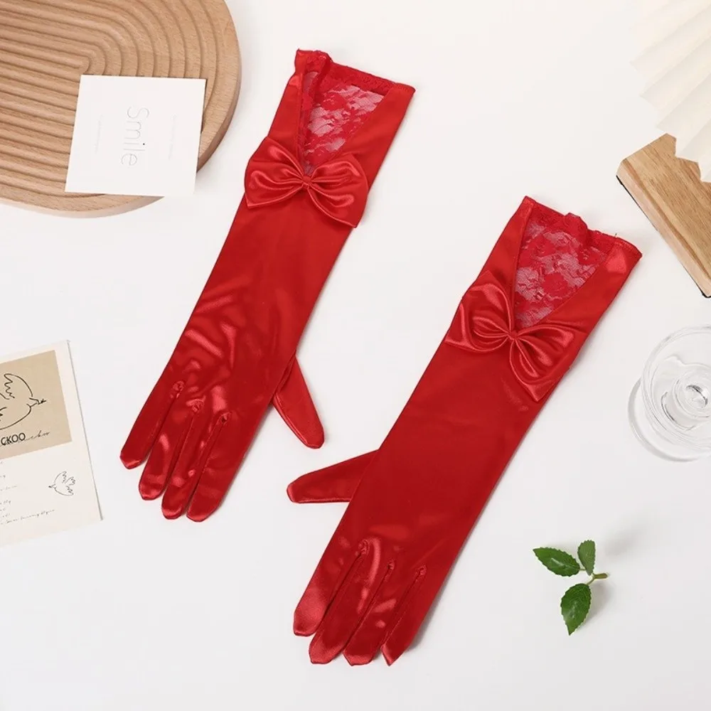New Bowknot Satin Bride Gloves Lace Trim Long Sleeves Etiquette Gloves Dance Performance Gloves Wedding Dress Accessories