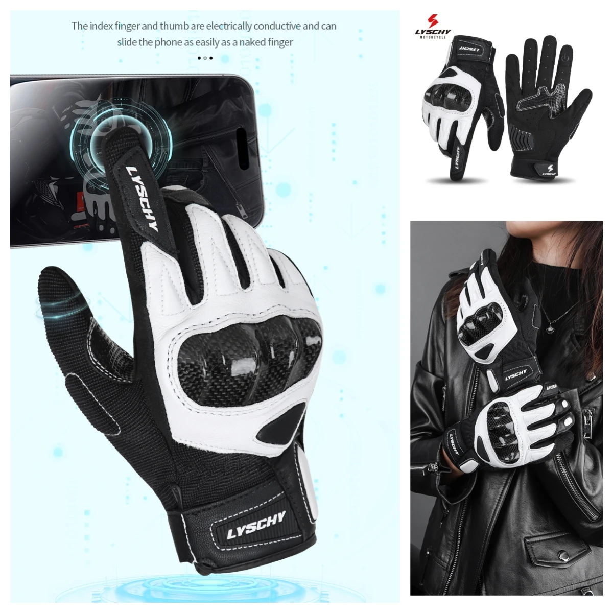 

LYSCHY Carbon Fiber Motorcycle Gloves Leather Moto Motorbike Motocross Gloves Anti-slip Protective Gear Riding Gloves