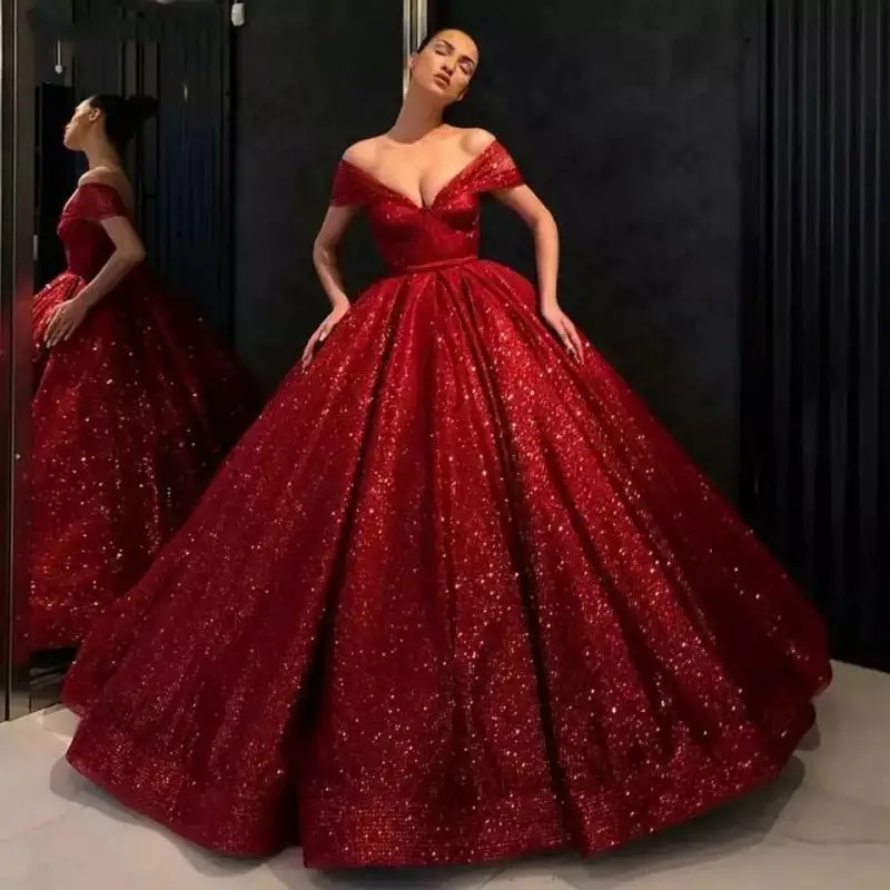 Vestido de baile rojo brillante con hombros descubiertos para quinceañera, vestido de princesa con cuello en V, lentejuelas brillantes, vestidos de fiesta elegantes de noche para graduación, 2024