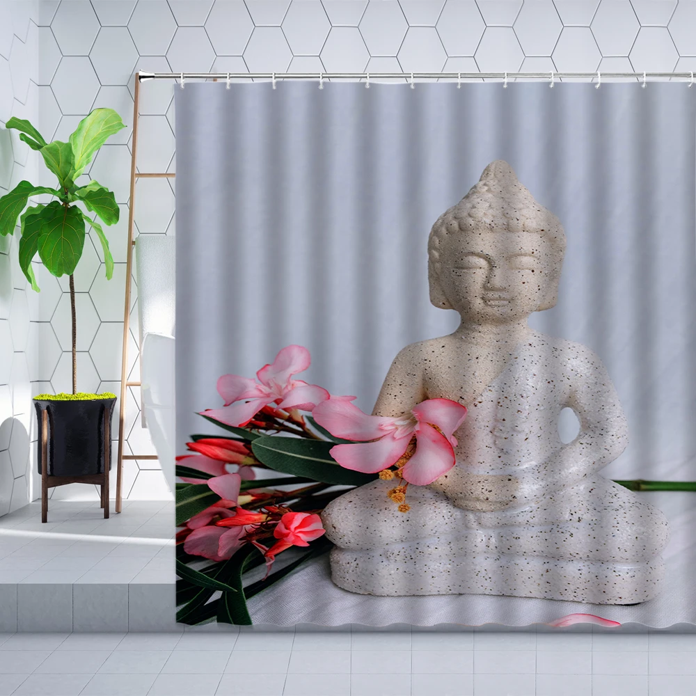 Zen Shower Curtain Buddha Statue Orchid Green Bamboo Stone Spa Printing Home Decoration Bathroom Bathtub Screen Curtains Sets