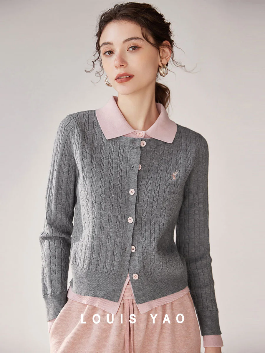 

LOUIS YAO 2024 Winter Color Contrast Splicing Fake Two Piece Cardigan Turn down Collar Long Sleeve Knitted Shirt for Women