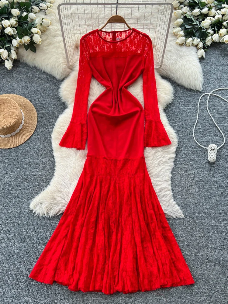 Ele renda longa sve sereia vestido feminino fino ajuste fi cauda dr cintura alta emenda ci commute verão faion dr