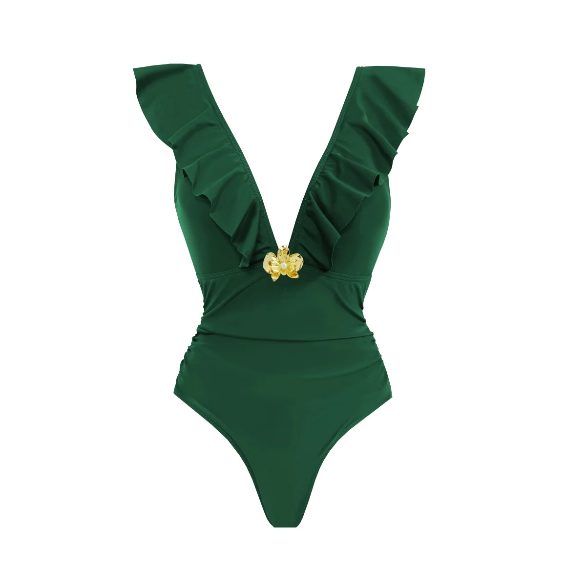 Ruffle One Piece Swimsuit Women Sexy Bikini Female Bandeau Biquini Push Up Swimwear Shiny Button Bathing Suits Deep V Beachwear