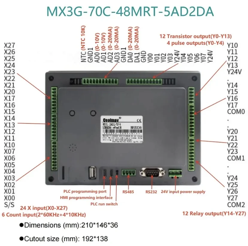 Imagem -05 - Coolmay-plc Hmi Tudo-em-um com Saída de Entrada Analógica Embutida Suporta Modbus Rtu Rs485 Rs232 Mx3g43c Série 70c Ad2da Polegadas Original