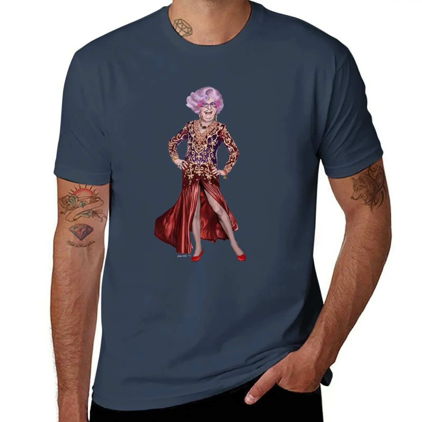 

Dame Edna Everage “A Night on Mount Edna” Frock by James Brennan T-Shirt cotton t shirt man T-Shirt