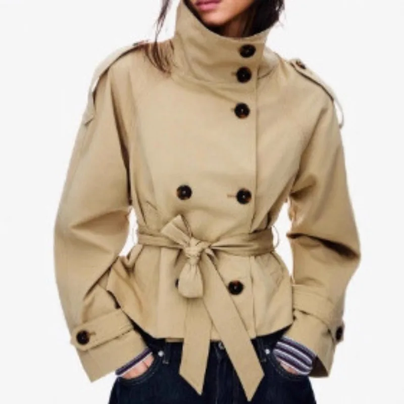 

Belted Waist Cropped Trench Jackets Women Double Breasted Stand Collar Coats 2025 Autumn Chic Casual Vintage Jacket Women Cloth