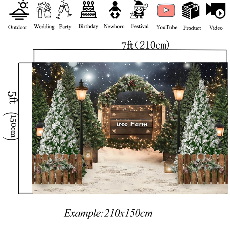 Mocsicka Christmas Tree Backdrop Washable Without Fading Winter Snow Farm Photography Background Green Forest Lamp Decors Banner