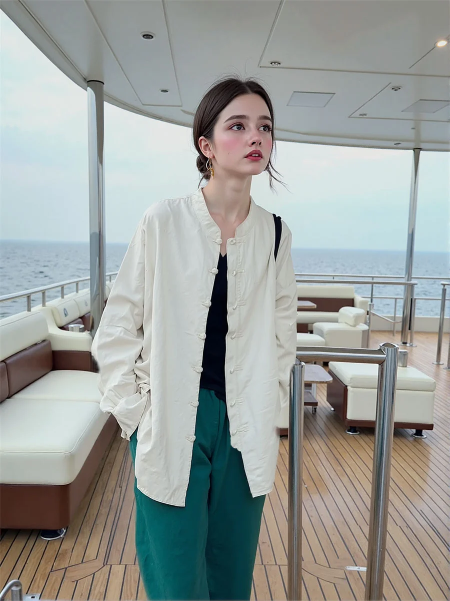 

Long Sleeve Shirts Womens Collar Pleated Cardigan Elegant Lined Flared Blusa Artistic Mid-length All-match