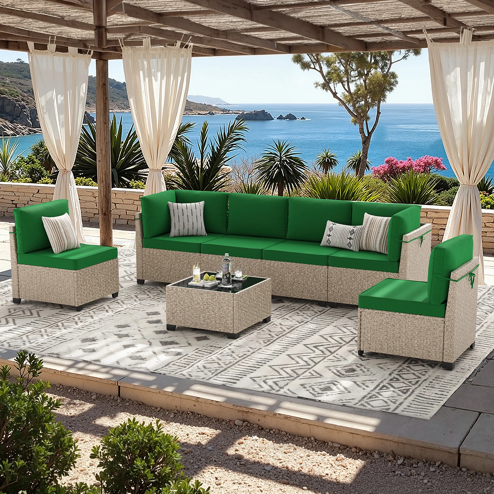 7-Piece Patio Furniture Set, Outdoor Rattan Sectional Sofa with Tempered Glass Table, All-Weather, for Garden, Porch, Backyard image 6