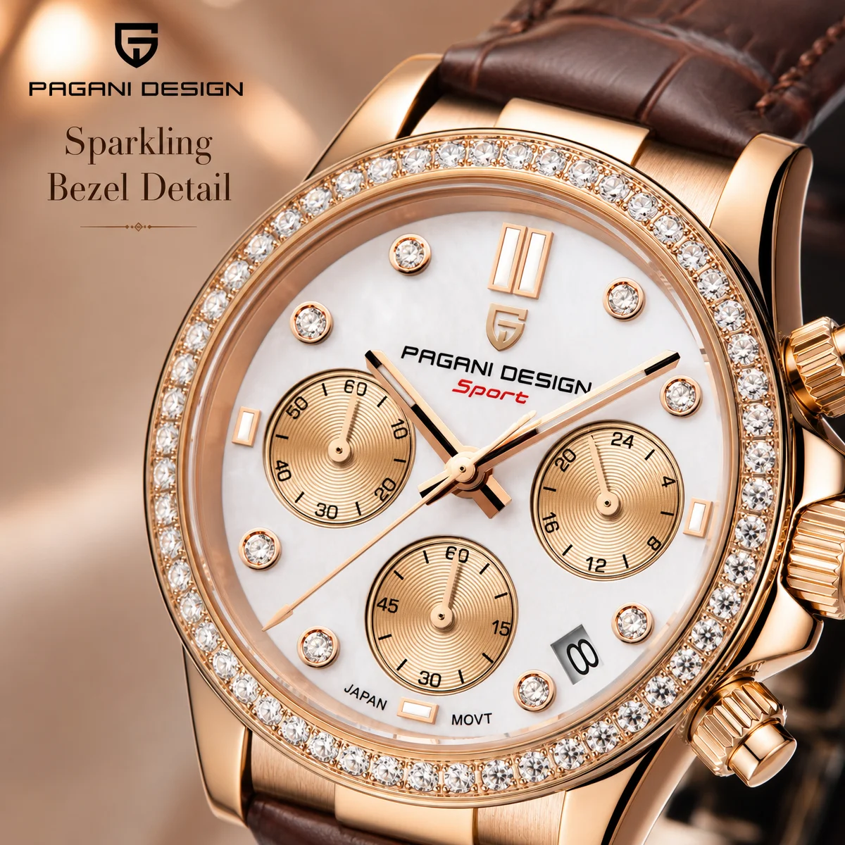 PAGANI DESIGN Women's Chronograph Quartz Watch Rose Gold Luxury Sapphire Stainless Steel Sport Elegant Women's Watch+Gift Box view 2