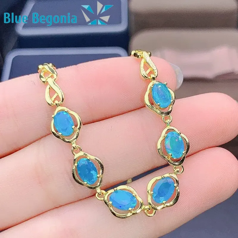 Natural blue Opal Bracelet for Women Engagement Wedding Jewelry Gifts 925 silver precision inlay 6pcs 5*7mm Gemstone