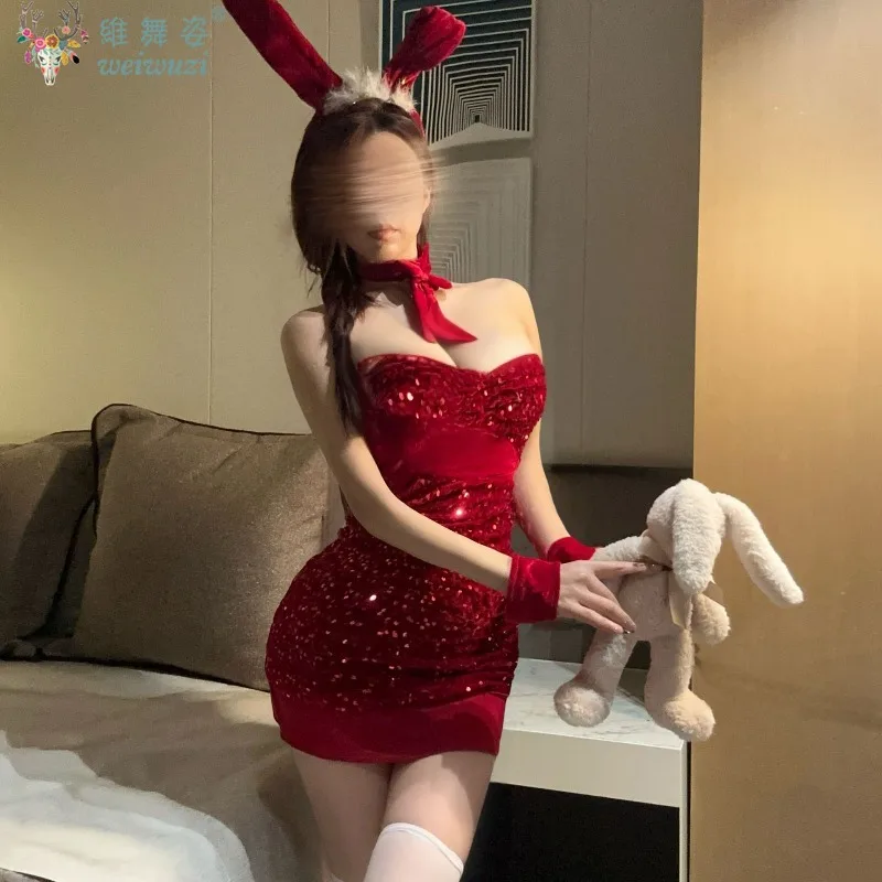 

Sexy Adult Female Red Dress Christmas Costume Role Playing Festival Rave Party Shiny Sequin Backless Strapless Sleeveless Gown