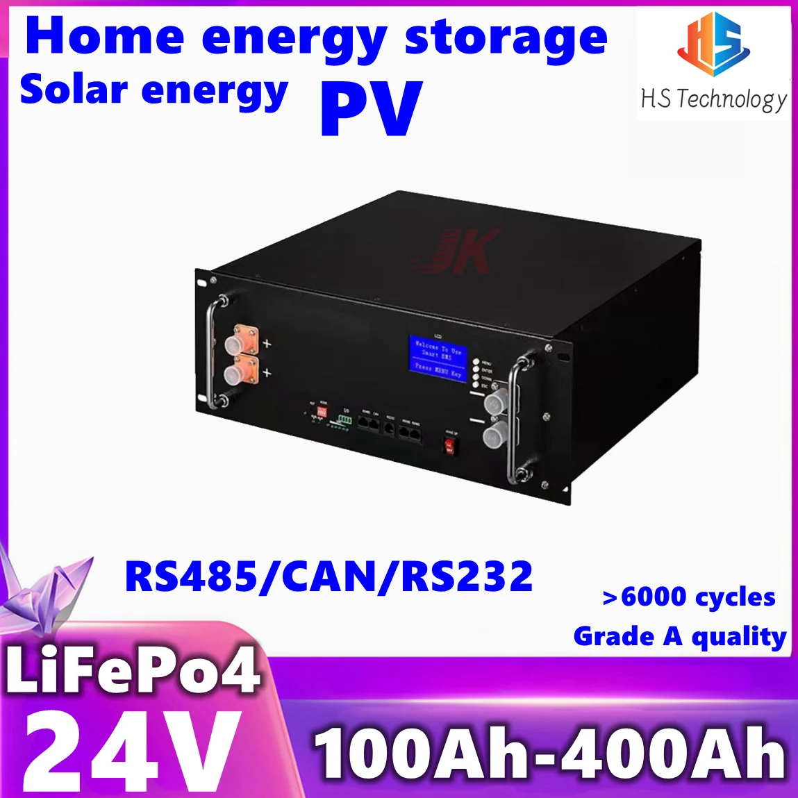 

HS 24V 100Ah Lifepo4 150Ah 180Ah 200Ah 280Ah 300Ah 400Ah Lithium Battery with CAN RS485 for 2KW 3KW Solar Syste PV Inverter,RV