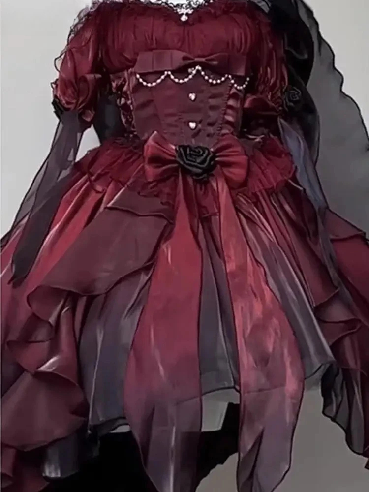 Lolita One-word Collar Neck Bow Fluffy Princess Party Dresses Black and Red Gradual Change Sweet High Waist Wedding Dress
