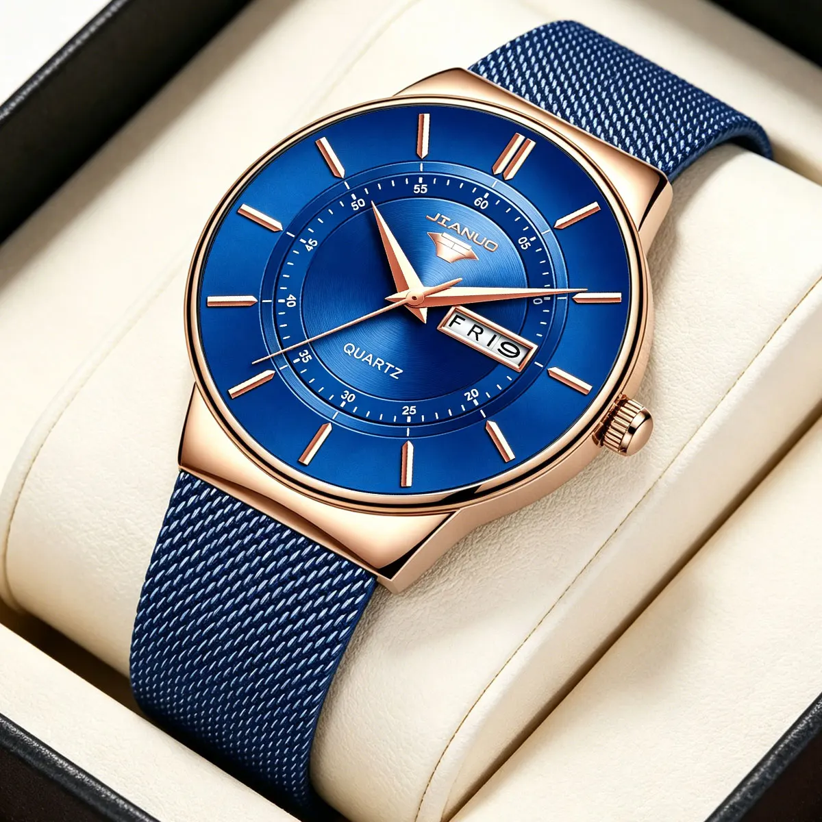 

British Fashion Men's Watch Milanese Mesh Band Calendar Date Business Trendy Wristwatch Casual Scale Men's Timepiece