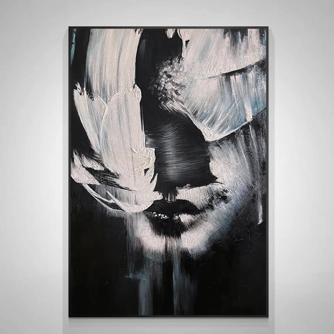 Mhemyo Black And White Painting Large Abstract Lady Handmade Painting Woman Face Texture Wall Art Faceless Portrait Painting