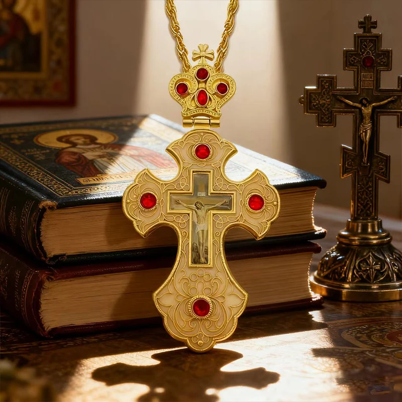 Neue 2026 Luxus-Emaille-Orthodoxe-Kreuz-Halskette mit rotem Kristall & vergoldetem Kruzifix-Ikonen-Schmuck für Priester, Liturgie & Sakramente – Detail 13