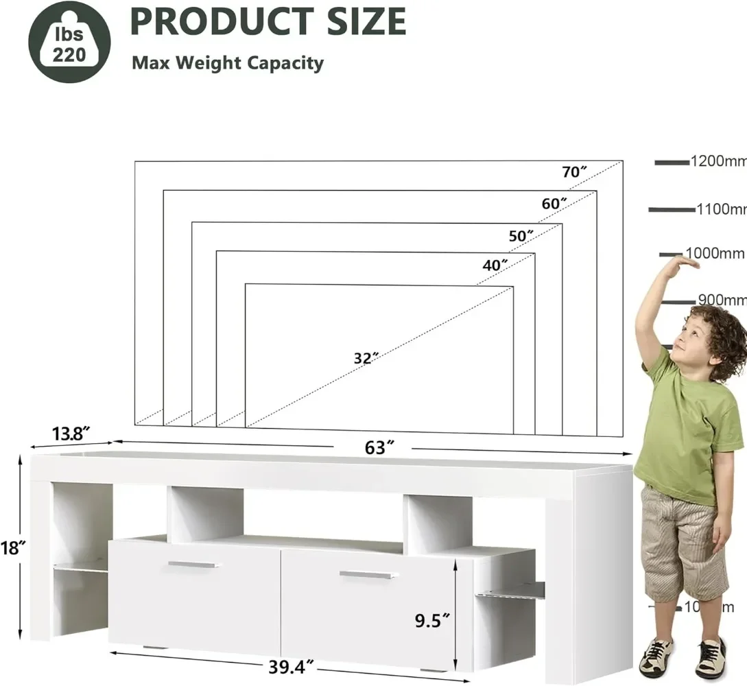 Suporte de TV LED moderno de 63 polegadas com grande gaveta de armazenamento para TVs de 40 50 55 60 65 70 75 polegadas, console de TV de madeira branca