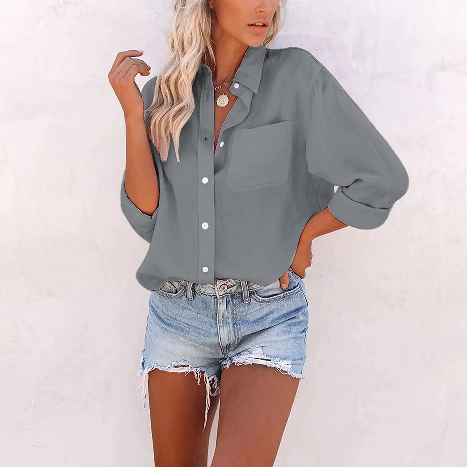 New Women's Solid Color Pocket Long Sleeve Loose Shirt