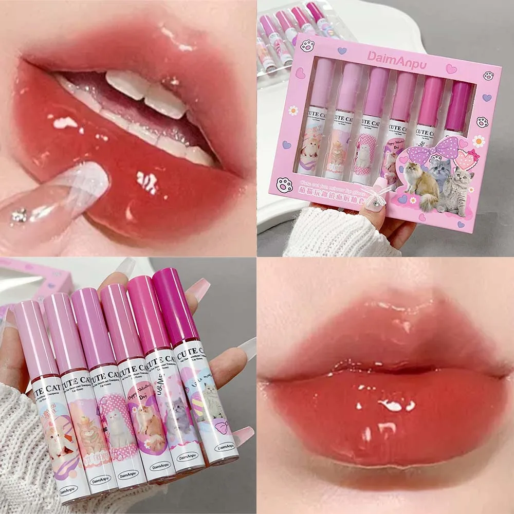 6 Stuks Spiegel Lip Glazuur Set Water Licht Kat Vloeibare Lippenstift Niet Gemakkelijk Te Vervagen Blijvende Waterdichte Lipgloss Rode Lippen Make-Up Cosmetisch