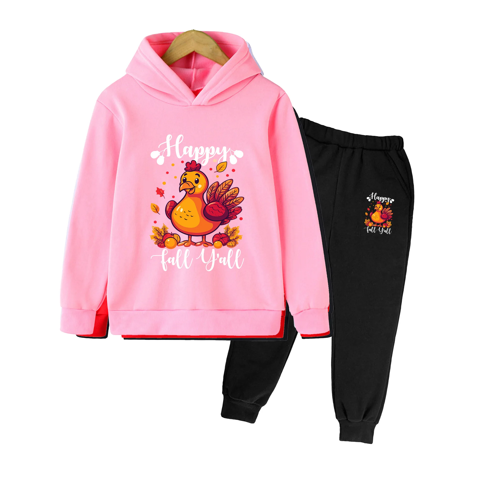 Kids Thanksgiving Turkey Print Hoodie & Sweatpants Set, Fall Autumn Casual Outfit for Boys Girls