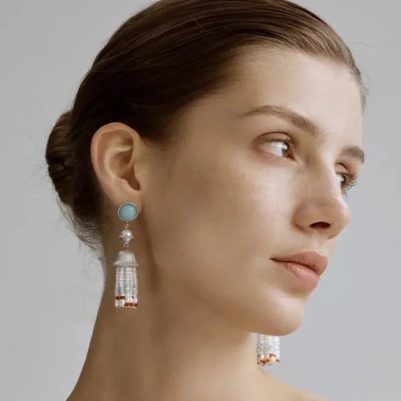 Blue stone ear stud earrings, pearl light luxury new Chinese earrings, fringed earrings, light luxury celebrity earrings.