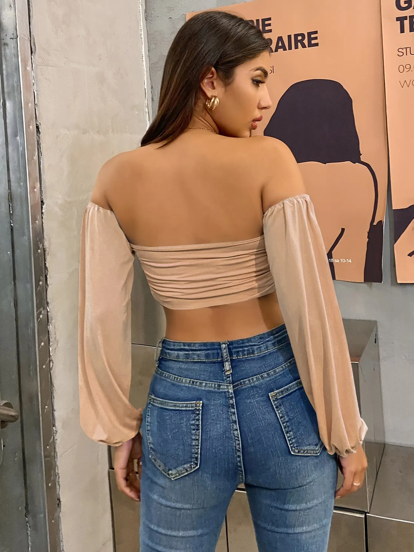 Long Sleeve Sexy Off the Shoulder Backless Tank Top Women Hollow Out Slim Short Shirt 2023 Soild Color New Design