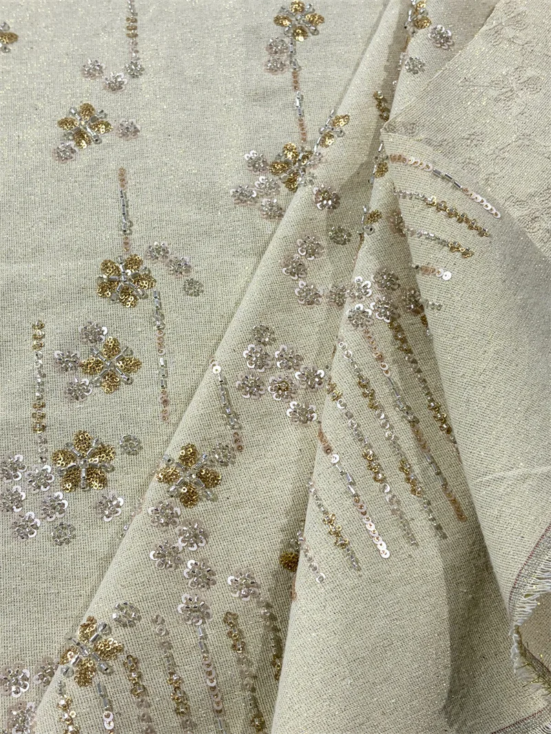

Heavy-duty exquisite 3D bead tube sequin embroidery cotton-linen fabric for dresses, vests, jackets,evening gown fabric