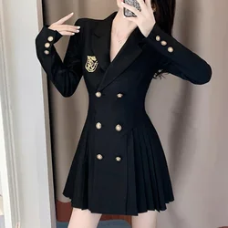 New Blazer Mujer Spring Autumn Preppy Style Suit Dress Black Women's Jacket Slim Waist Folds Suit Coat Dress S-2XL