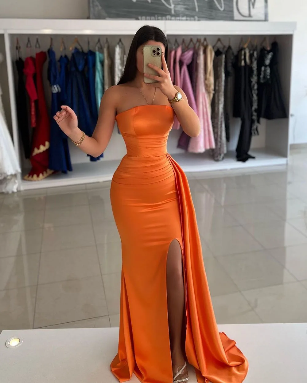 SoDigne-Robe de Soirée de Forme Sirène pour Femme, Tenue de Bal Moulante, Sans Bretelles, Orange, Dubaï, Arabe, Fente Latérale, à la Mode, 2024