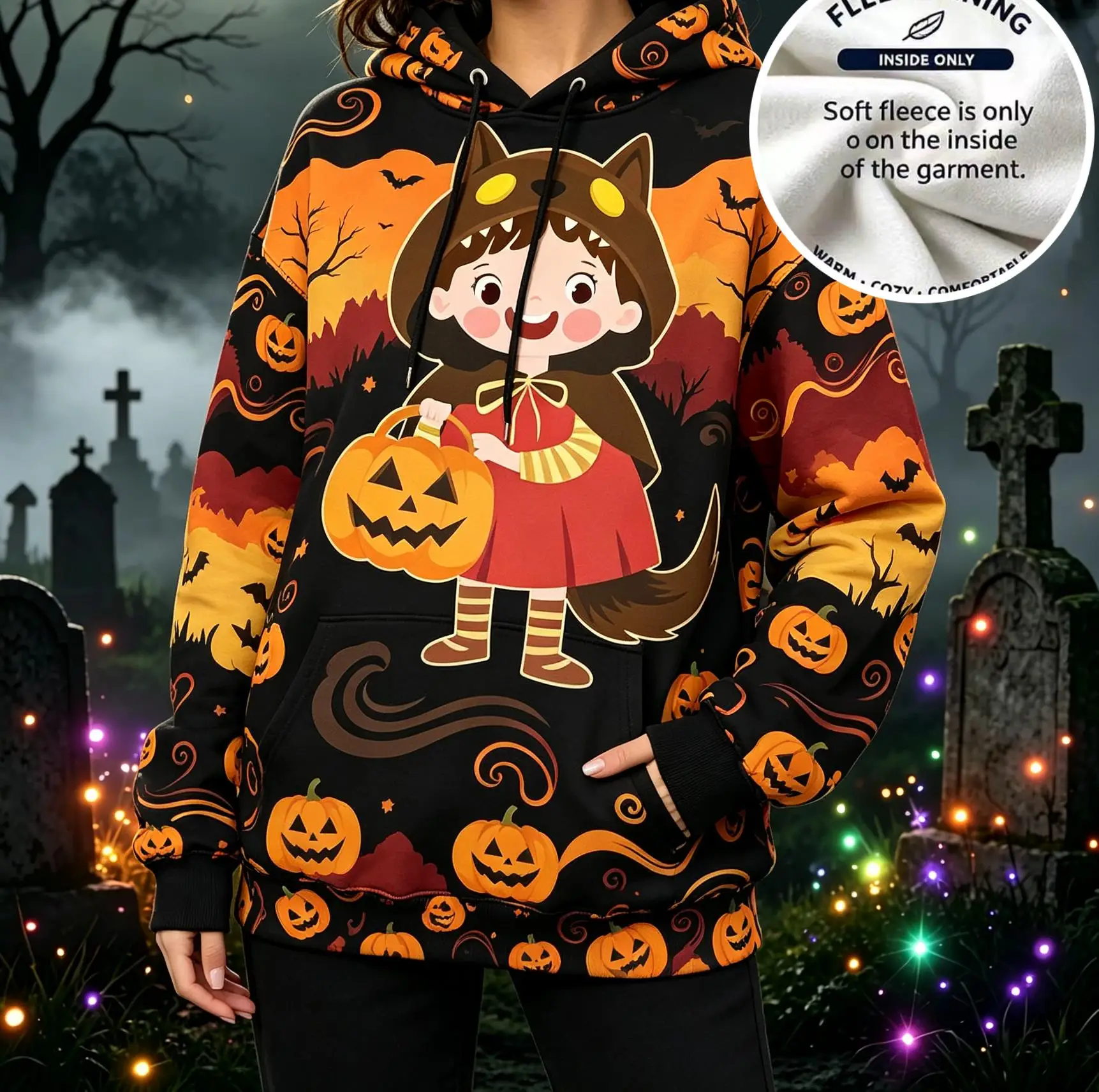 Women Brown Cute Cartoon Girl Wolf Hood Halloween Pumpkin Bat Print Hoodie Warm Fleece Lined Drawstring Pocket Pullover