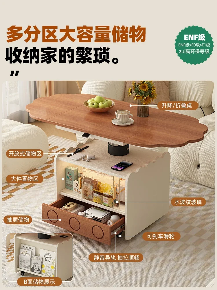 Cream inspired antique style tea table with wheels, small living room, solid wood folding multifunctional lifting table