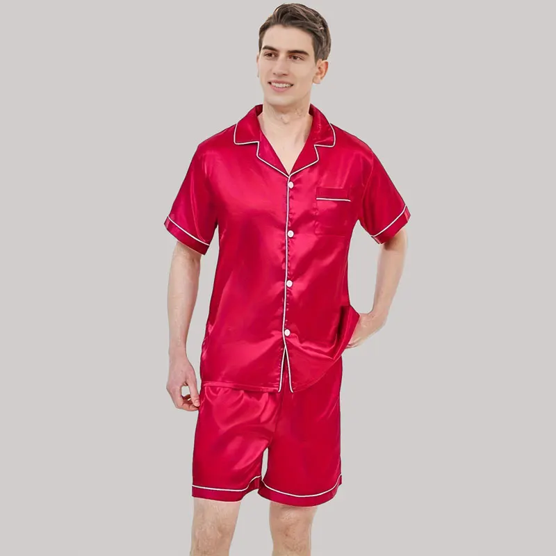 Men\'s Sleepwear New Pajama Sets Men Summer Ice Silk Cardigan Short-Sleeved Shorts Senior Sense Of Solid Colour Pajamas Homewear