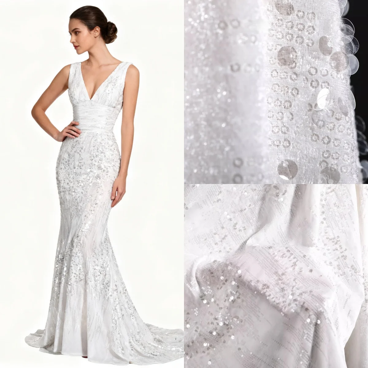 

White shiny embroidered velvet fabric, fish scale circular piece, gradient reflective sewing, wedding dress design fabric