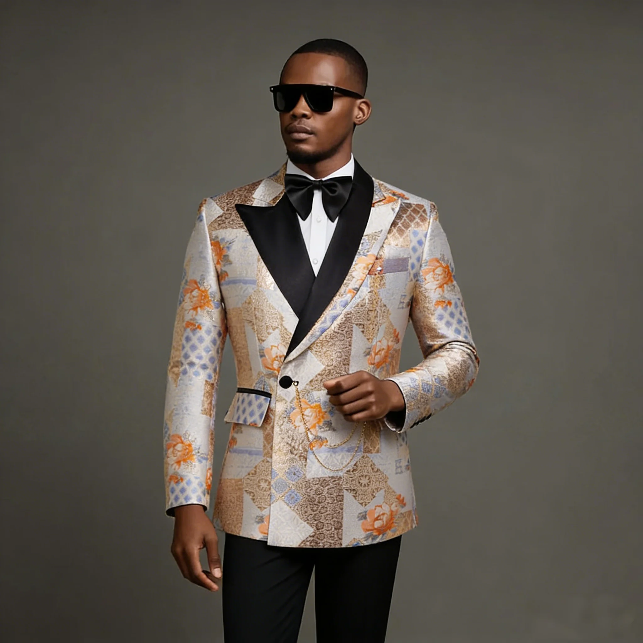 

Мужские двубортные костюмы с цветочным принтом, смокинги для жениха, пиджаки с острыми лацканами, комплекты для свадебной вечеринки, 2 предмета: пиджак+брюки+бант