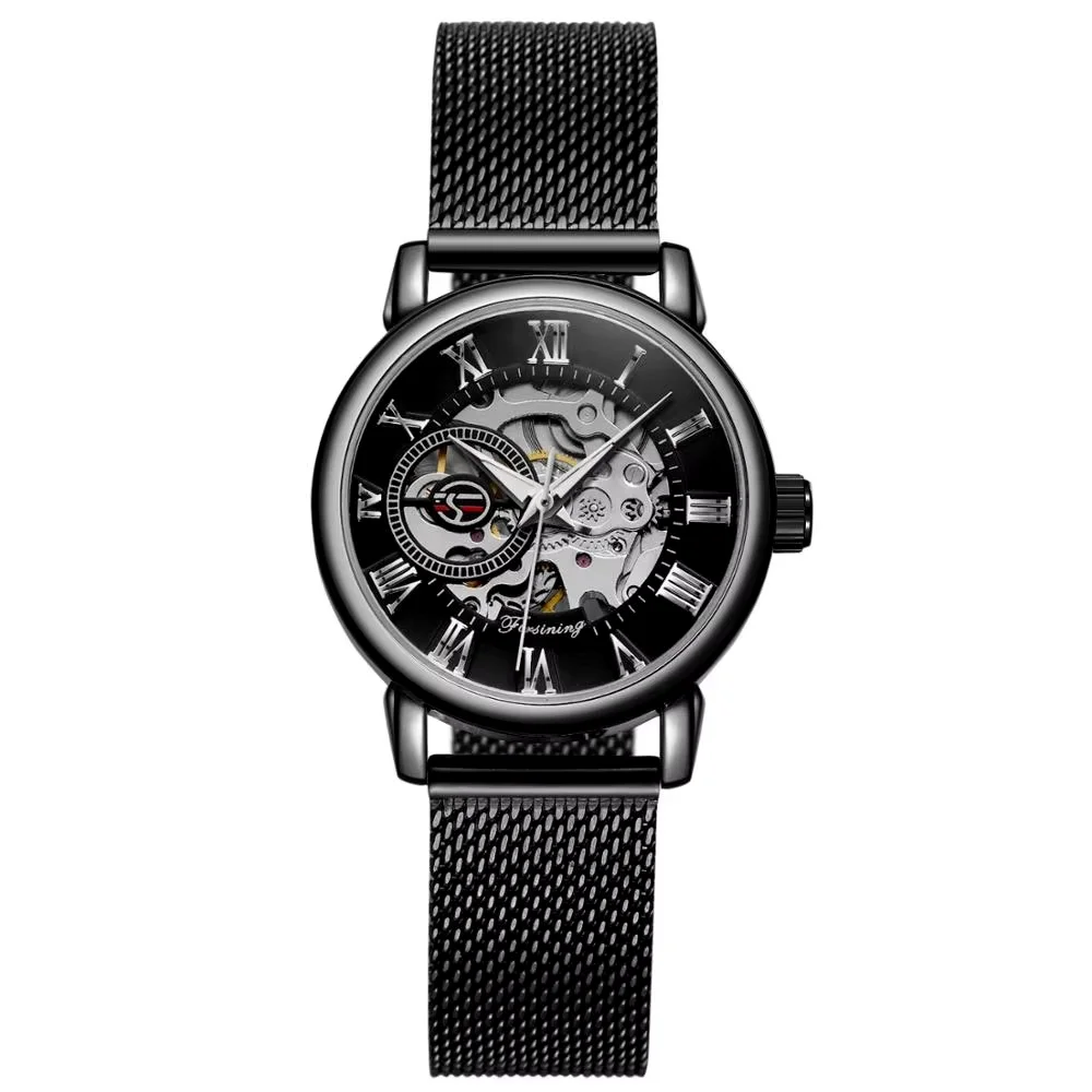 

Forsining Classic Black Roman Numerals Skeleton Pointer Steel Band Men's Manual Mechanical Watch