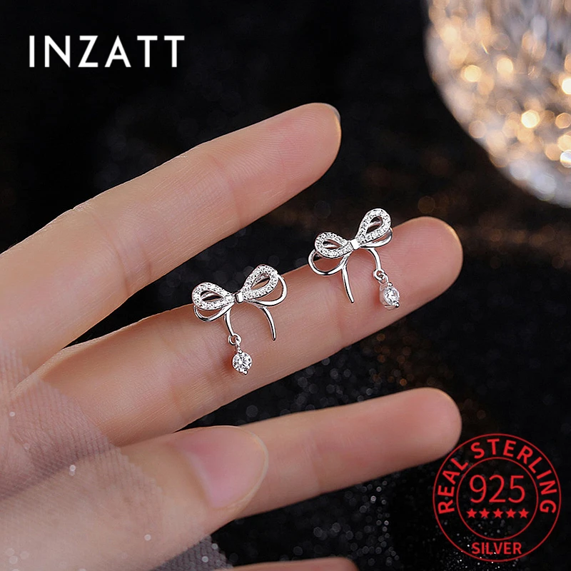 INZATT Real 925 Sterling Silver Zircon Bowknot Stud Earrings For Fashion Women Classic Fine Jewelry Minimalist Bijoux