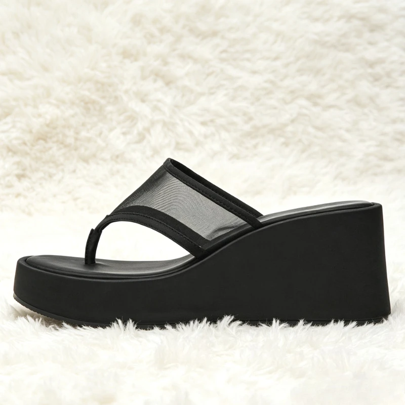 

Black Mesh Wedge Slippers Women Satin Effect Detail Platform Sandals Street Style Shoes for Ladies Summer Comfortable Flip Flops